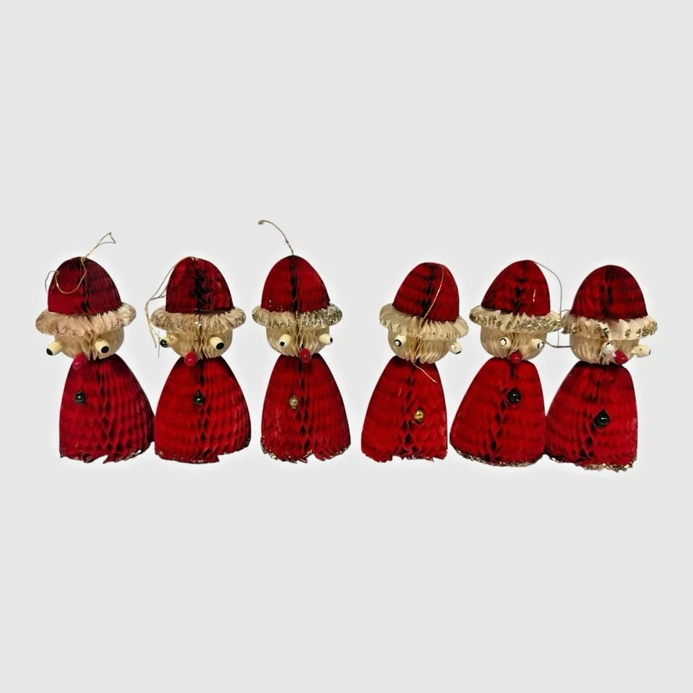 Honeycomb Paper Santa Ornaments Set of 6 Original Box c1950s Christmas Vintage